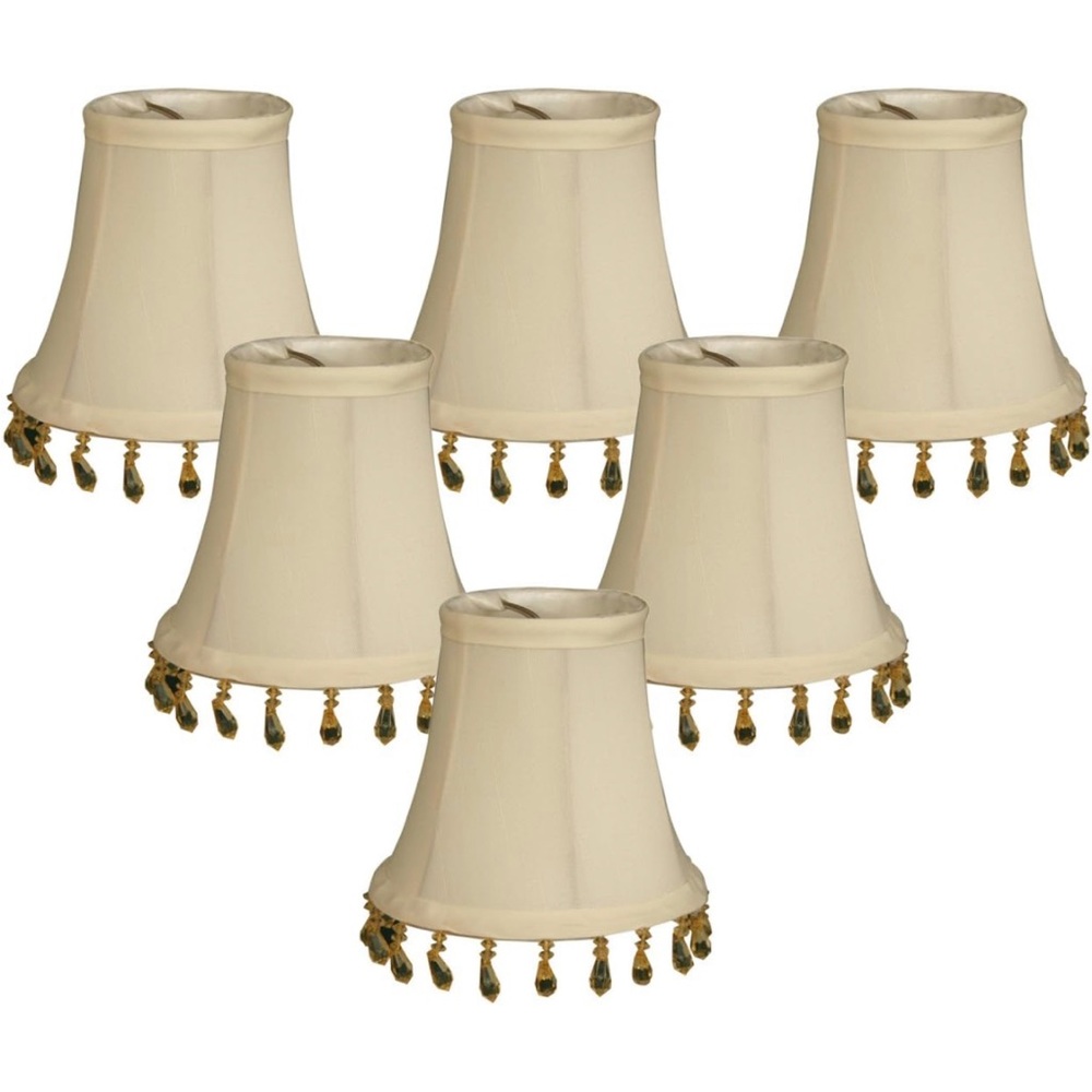 Source Unknown Ivory Fabric Lamp Shades with Gold Bead Fringe (Set of 6)
